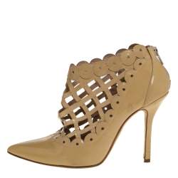 Pre Owned Oscar de la Renta Beige Patent Leather Laser Cut Fernanda Ankle Booties Size 37.5