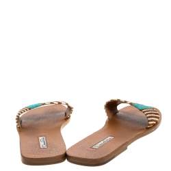 Pre Owned Oscar de la Renta Brown Stripe Raffia Slide Flat Sandals Size 40