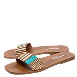 Pre Owned Oscar de la Renta Brown Stripe Raffia Slide Flat Sandals Size 40