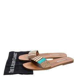Pre Owned Oscar de la Renta Brown Stripe Raffia Slide Flat Sandals Size 40