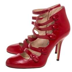 Pre Owned Oscar de la Renta Red Leather Strappy Ankle Booties Size 41