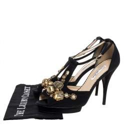 Oscar de la Renta Black Fabric Embellished Platform Ankle Strap Sandals 39.5
