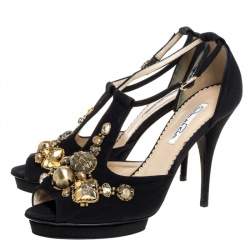 Oscar de la Renta Black Fabric Embellished Platform Ankle Strap Sandals 39.5