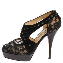 Oscar de la Renta Black Lace And Suede Platform Studded Peep Toe Zipper Sandals Size 38