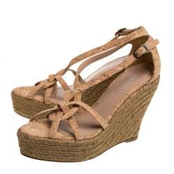 Pre Owned Oscar de la Renta Beige Cork Espadrille Platform Wedge Sandals Size 36