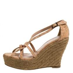 Pre Owned Oscar de la Renta Beige Cork Espadrille Platform Wedge Sandals Size 36