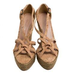 Pre Owned Oscar de la Renta Beige Cork Espadrille Platform Wedge Sandals Size 36
