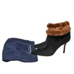 Pre Owned Osca De La Renta Black Suede Leather And Mink Fur Pointed Toe Ankle Boots Size 38.5