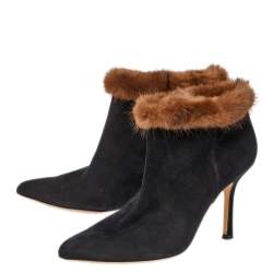 Pre Owned Osca De La Renta Black Suede Leather And Mink Fur Pointed Toe Ankle Boots Size 38.5