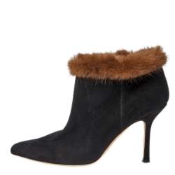 Pre Owned Osca De La Renta Black Suede Leather And Mink Fur Pointed Toe Ankle Boots Size 38.5