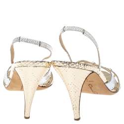 Pre Owned Oscar De La Renta Silver/Gold Python Embossed Leather Strappy Slingback Sandals Size 40