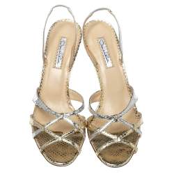 Pre Owned Oscar De La Renta Silver/Gold Python Embossed Leather Strappy Slingback Sandals Size 40