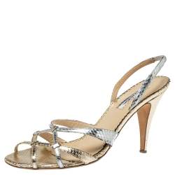 Pre Owned Oscar De La Renta Silver/Gold Python Embossed Leather Strappy Slingback Sandals Size 40