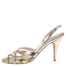 Pre Owned Oscar De La Renta Silver/Gold Python Embossed Leather Strappy Slingback Sandals Size 40
