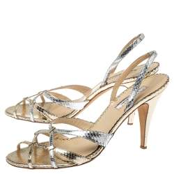 Pre Owned Oscar De La Renta Silver/Gold Python Embossed Leather Strappy Slingback Sandals Size 40