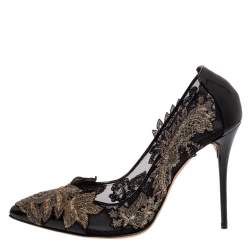 مملوكة مسبقًا Oscar de la Renta Black Patent Leather and Mesh Alyssa Embellished Pointed Toe Pumps Size 38