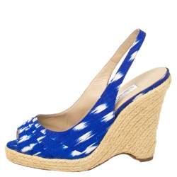 Pre Owned Oscar de la Renta Blue/White Fabric Espadrille Platform Wedge Open Toe Sandals Size 40