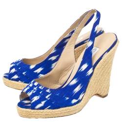 Pre Owned Oscar de la Renta Blue/White Fabric Espadrille Platform Wedge Open Toe Sandals Size 40