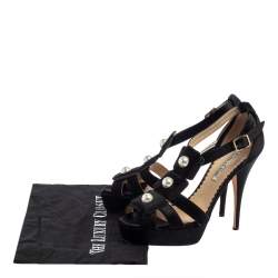 Pre Owned صندل أوسكار دي لارينتا ساتان أسود لؤلؤ مزين مقاس 37