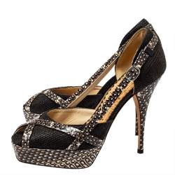 Oscar de la Renta Multicolor Raffia And Python Leather Peep Toe Platform Pumps Size 37