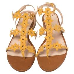 Oscar de la Renta Yellow Floral Jenisa Ankle Strap Flat Sandals Size 39.5