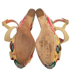 Pre Owned Oscar de la Renta Beige Fabric Wedge Sandals Size 38