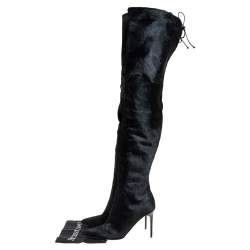 Pre Owned Oscar de la Renta Black Calf Hair Over Knee Boots Size 39