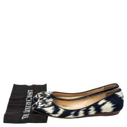 مملوكة مسبقًا Oscar de la Renta Navy Blue/White Printed Canvas Embellished Ballets Flats Size 38.5