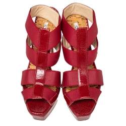 Pre Owned صندل أوسكار دي لا رينتا نعل سميك قفصي مطاطي وجلد لامع أحمر مقاس 38