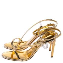 Pre Owned Oscar de la Renta Gold Leather Knotted Ankle Strap Open Toe Sandals Size 36