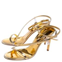 Pre Owned Oscar de la Renta Gold Leather Knotted Ankle Strap Open Toe Sandals Size 36