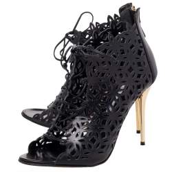 Pre Owned بوت أوسكار دي لارينتا جلد قصات ليزر أسود برباط مقاس 39