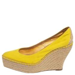 Pre Owned Oscar de la Renta Yellow Canvas Espadrille Wedge Pumps Size 39