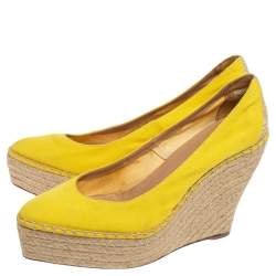 Pre Owned Oscar de la Renta Yellow Canvas Espadrille Wedge Pumps Size 39