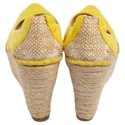 Pre Owned Oscar de la Renta Yellow Canvas Espadrille Wedge Pumps Size 39