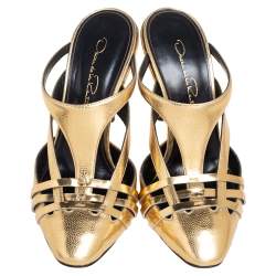 Pre Owned Oscar de la Renta Metallic Gold Leather Carmen Mule Sandals Size 36