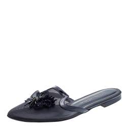 Pre Owned Oscar de la Renta Black Mesh and Patent Leather Embellished Mules Size 37