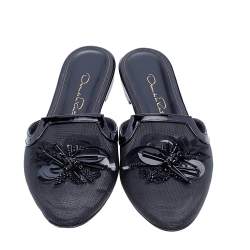 Pre Owned Oscar de la Renta Black Mesh and Patent Leather Embellished Mules Size 37