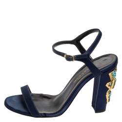 Oscar de la Renta Navy Blue Satin Lemmy Embellished Ankle Strap Sandals Size 37.5