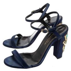 Oscar de la Renta Navy Blue Satin Lemmy Embellished Ankle Strap Sandals Size 37.5