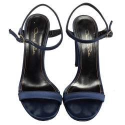 Oscar de la Renta Navy Blue Satin Lemmy Embellished Ankle Strap Sandals Size 37.5