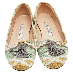 Pre Owned Oscar de la Renta Multicolor Canvas Beaded Tassel Ballet Flats Size 38.5