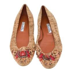 Oscar de la Renta Beige Leather Embellished  Flats Size 37.5