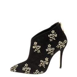 Pre Owned حذاء بوت للكاحل أوسكار دي لارينتا سويدي أسود مزخرف ورد مقاس 37