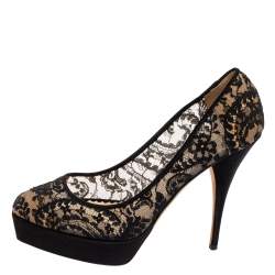 Pre Owned Oscar de la Renta Black Lace And Satin Platform Pumps Size 40
