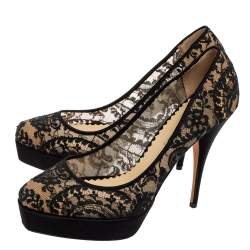 Pre Owned Oscar de la Renta Black Lace And Satin Platform Pumps Size 40