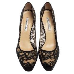 Pre Owned Oscar de la Renta Black Lace And Satin Platform Pumps Size 40