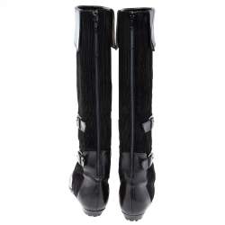 Pre Owned Oscar de la Renta Black Leather And Canvas Knee Length Boots Size 36.5