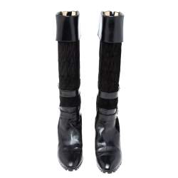Pre Owned Oscar de la Renta Black Leather And Canvas Knee Length Boots Size 36.5
