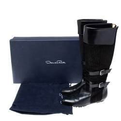 Pre Owned Oscar de la Renta Black Leather And Canvas Knee Length Boots Size 36.5